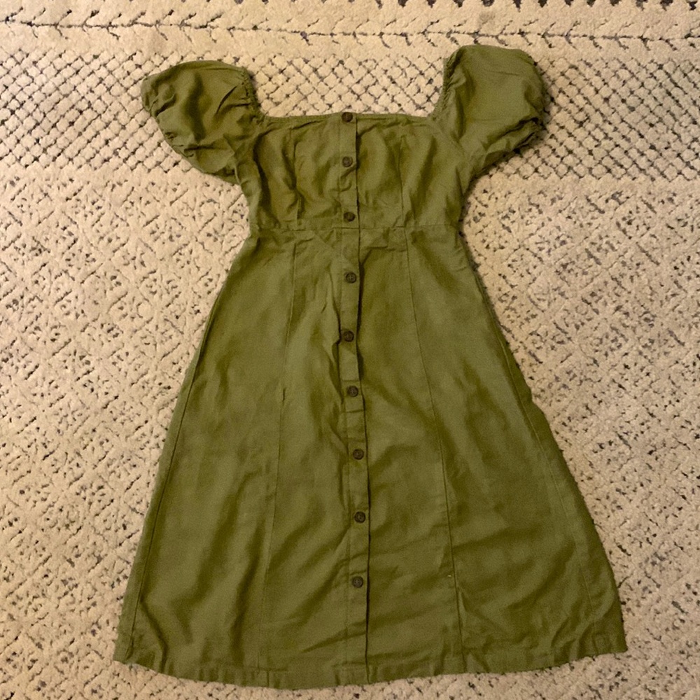 Stretchy green linen off the shoulder dress